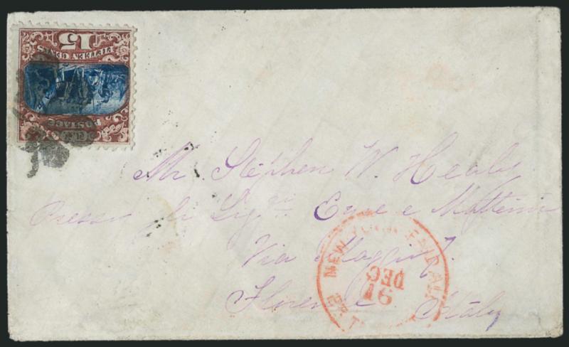 15c Brown & Blue, Ty. II (119).> Deep rich colors, tied by neat strike of rosette, red New York Paid All Br. Transit Dec. 16 with month slug inverted on 1870 cover <to Florence, Italy,> Milan and receiving
backstamps, some slight wear, Very Fine, w