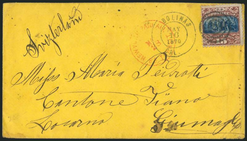 15c Brown & Blue, Ty. II (119).> Tied by target, matching Bolinas Cal. May 16, 1870 double-circle datestamp on yellow cover <to Locarno, Switzerland,> red New York Paid All Br. Transit May 28 transit, Basel
and receiving backstamps, some slight e