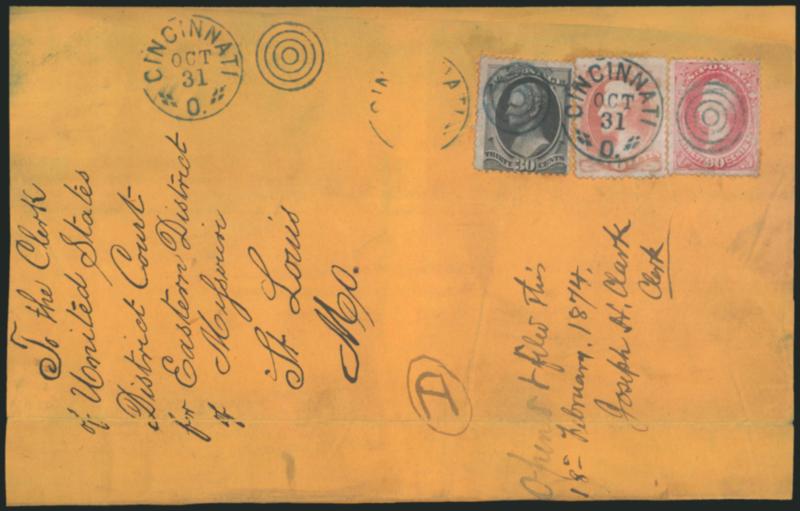 90c Carmine (155).> Used with <30c Black (154) and 6c Dull Pink (159),> cancelled by blue targets and also by matching Cincinnati O. Oct. 31 circular datestamp on reduced courthouse cover to St. Louis Mo.,
Feb. 1874 docketing, 90c stamp faded, some