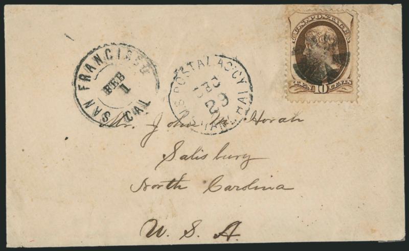 10c Brown (161).> Cancelled by circle of wedges, <U.S. Postal Agcy, Shanghai, Dec. 29> circular datestamp on cover to Salisbury N.C., also with San Francisco Cal. Feb. 1 double-circle datestamp, slightly
reduced, some soiling, still Very Fine