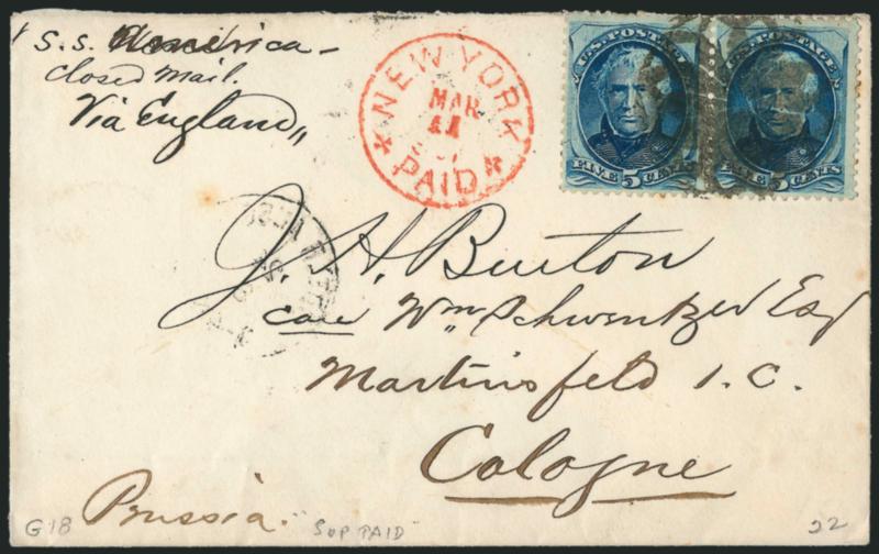 5c Blue (179).> Horizontal pair, tied by elaborate <New York Foreign Mail Geometric> cancel, red New York Paid Mar. 11 Sup. Type E Supplementary Mail circular datestamp on cover <to Cologne, Germany,> endorsed
<<closed mail via England>> at upper
