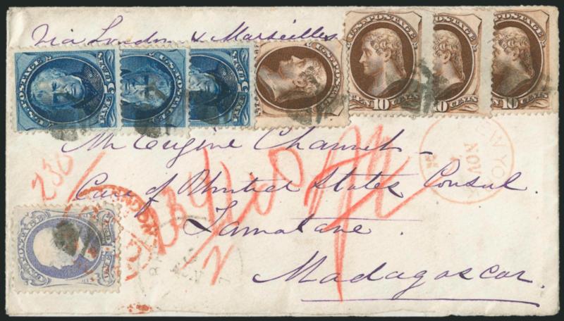 5c Blue (179).> Three, used with <1c Ultramarine (156) and four 10c Brown (161),> the 5c and 10c overlapping, tied by corks, red New York Nov. 7 circular datestamp on 1877 cover <to Tamatave, Madagascar,>
endorsed <<Via London and Marseilles>>, r