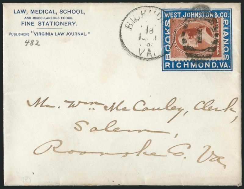 2c Red Brown (210).> Margins to in at right, tied inside blue West Johnston & Co. Richmond, Va. Books Pianos <stamp collar> by Richmond Va. ? 18 1885 duplex cancel on small corner card cover to Salem Va.,
fresh and Very Fine, ex Gabriel