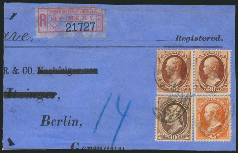 30c Orange Brown (217).> Horizontal pair, used with 10c Brown and 15c Orange (189, 210), tied by New York registry ovals on large piece of linen-lined cover to Germany, N.Y. registry label, Fine, with 2004
P.S.E. certificate