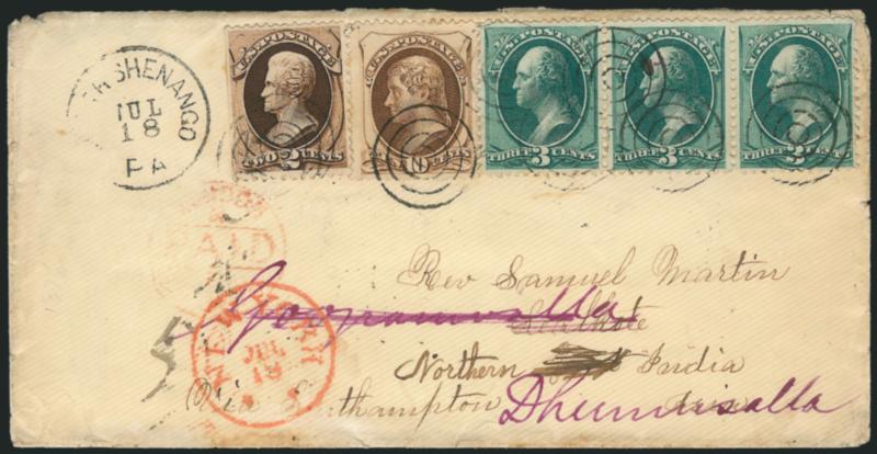 Foreign Destination Banknote Covers.> Two covers, first with Nos. 157, 158 (3) and 161, tied by targets with matching North Shenango Pa. Jul. 18 circular datestamp on cover to <Sealkote, India> and forwarded
within India, nine different transit and
