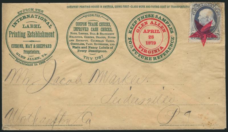 1c Dark Ultramarine (182).> Tied by perfect impression of <red Glen Allen Star precancel> on International Label Printing Establishment advertising cover to Penn., matching Glen Allen Virginia April 28, 1879
printed datestamp inside advertising col