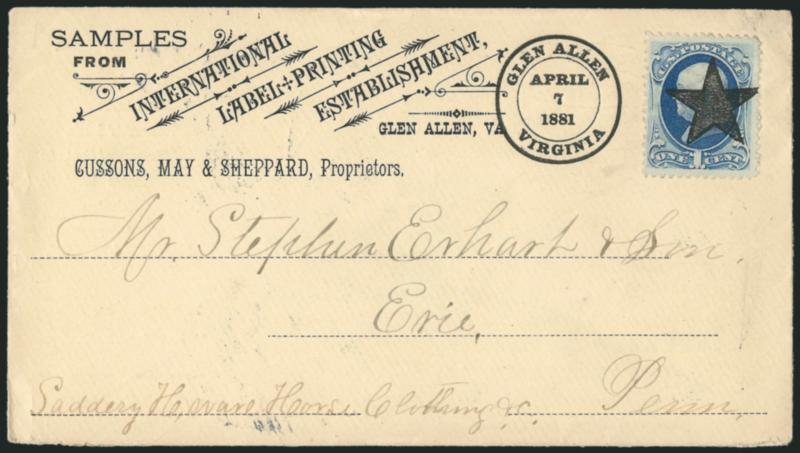 1c Dark Ultramarine (182).> Bold impression of <Glen Allen Star precancel> on buff International Label Printing Establishment corner card cover with illustration on back in green, to Erie Penn., Glen Allen
Virginia April 7, 1881 printed datestamp,