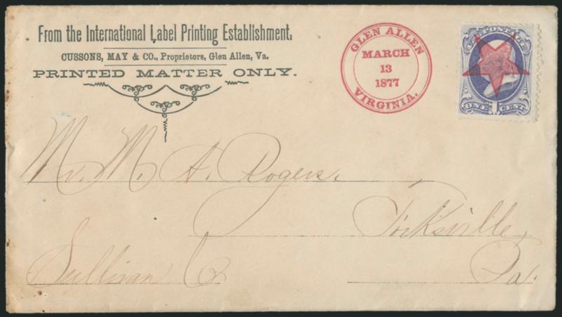 1c Ultramarine (156).> Cancelled by beautiful impression of <red Glen Allen Star precancel> on International Label Printing Establishment corner card cover to Forksville Penn., matching Glen Allen Virginia
March 13, 1877 printed datestamp, moisture