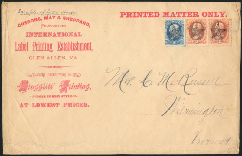 1c Ultramarine (156).> Used with pair of 2c Vermilion (178), each with impression of <Glen Allen Star precancel> on oversize International Label Printing Establishment cover to Wilmington Vt., some cover wear,
1c stamp with small faults, right 2c ton