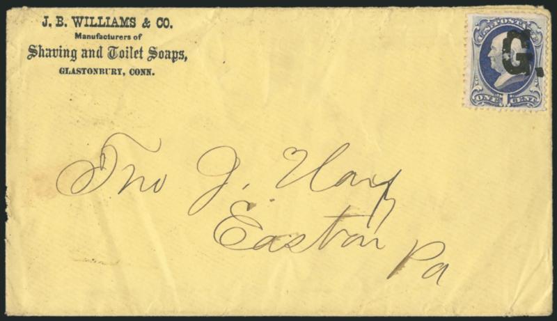 1c Ultramarine (156).> On yellow cover advertising cover with illustration on back in brown with <G precancel> of Glastonbury Conn., to Kensington N.H., stamp with faults incl. perfs torn away at top left,
minor cover wear, Fine appearance, scarce
