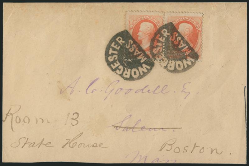 2c Vermilion (183).> Pair, tied by two bold strikes of <negative Worcester Mass. tombstone> fancy cancel, on large piece to Salem Mass and forwarded to Boston, Extremely Fine strikes