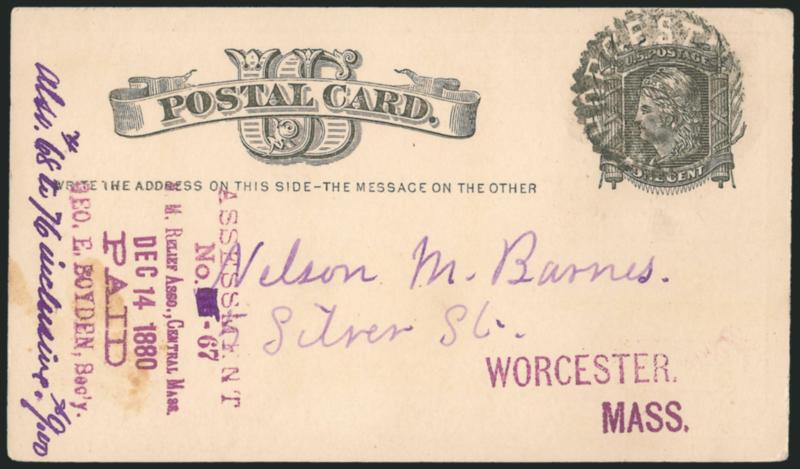 Worcester Mass. Fancy Cancels.> Two stamps and five covers, off-cover No. 184 with negative Worcester Mass. tombstone cancel and No. 183 with negative Worcester Mass. in circle with central cross, covers
include 1c Postal Card from Masonic Mutual