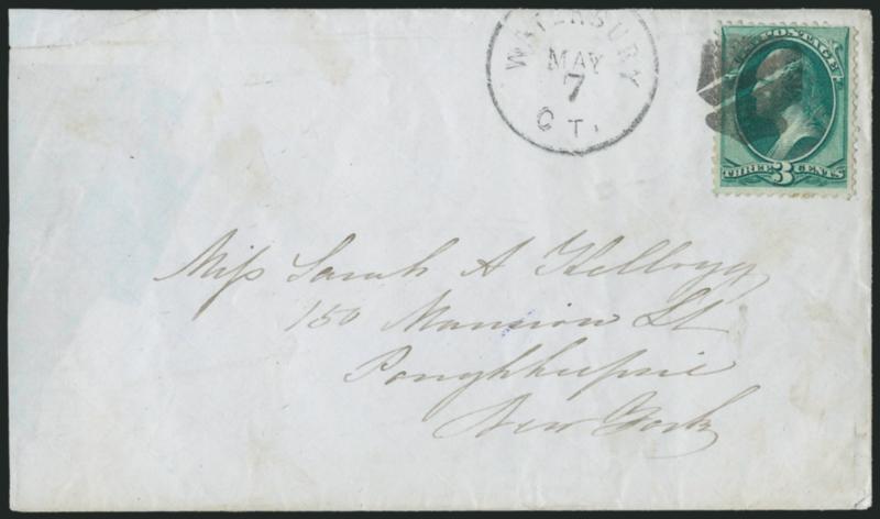 3c Green (158).> Margins full to clear, short perf at top right, tied by <Waterbury Shield fancy cancel> with matching Waterbury Ct. May 7 circular datestamp on cover with original contents to Poughkeepsie
N.Y., small cover repair at top left, part