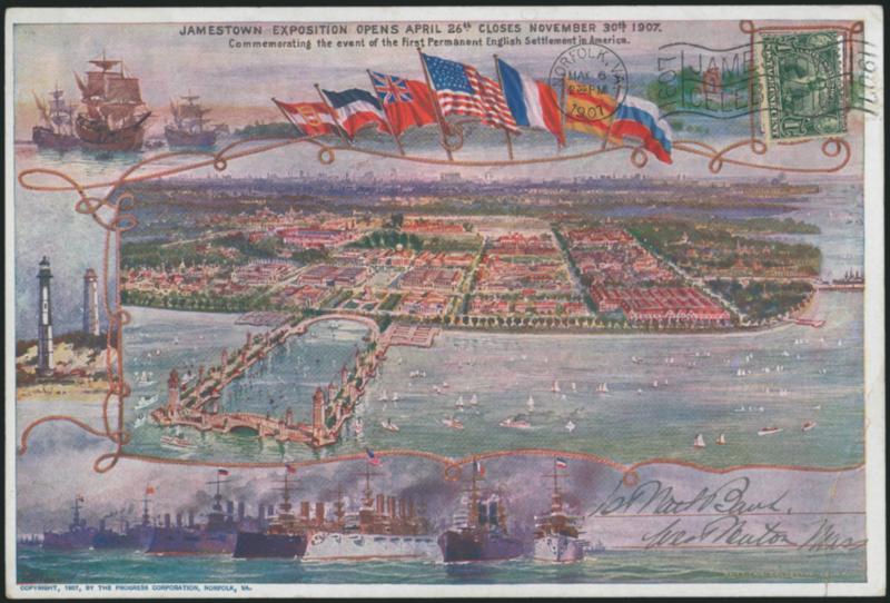 1c Jamestown (328).> Tied by Norfolk Va. May 6, 1907 Jamestown Celebration slogan machine cancel on 9 x 6 in. <multicolored Jamestown Exposition fairgrounds souvenir card,> National Bank of Commerce ad on
back, crease at bottom right, otherwise Very