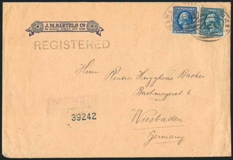 5c Blue, Imperforate Coil (347V).> Paste-up single used with 13c Blue Green tied on large 1912 registered cover <to Germany,> J. M. Bartels corner card, Fine and very scarce, listed but unpriced on
cover