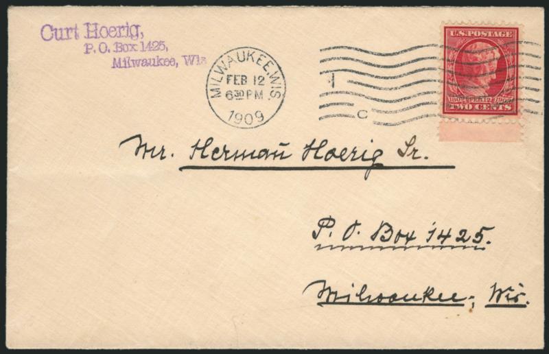 2c Lincoln (367).> Well-centered with bottom selvage, beautifully tied by Milwaukee, Wis. Feb. 12, 1909 <First Day> wavy-line machine cancel on local cover, Extremely Fine