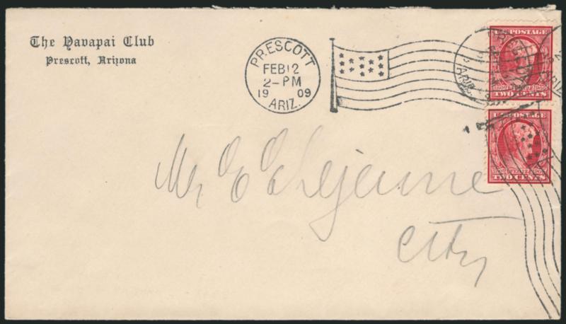 2c Lincoln (367).> Vertical pair, pulled perf at top, tied by Prescott Ariz. Feb 12 1909 <Territorial First Day> waving-flag machine cancel on corner card cover,  sent again through the cancelling machine to
obliterate the bottom stamp (normally this