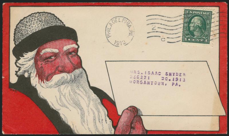 1c Green (405).> Two unsealed covers from Philadelphia, each with different <Santa Claus> design created for Poor Richard Revived Almanac for 1913, one precancelled and one with machine cancel, incl. return
slip for ordering the almanac, Extremely