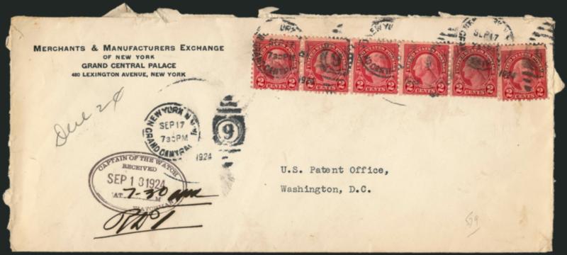 2c Carmine, Rotary, Perf 11 (595).> Horizontal strip of five and single, tied by New York N.Y. Grand Central Sta. Sep. 17 7:30PM 1924 duplexes on legal-size cover to U.S. Patent Office in Washington D.C., oval
receiving datestamp, pencil Due 2c a