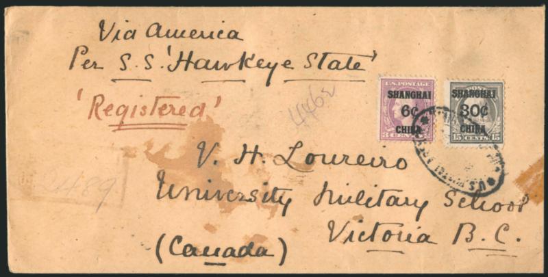 6c, 30c Offices in China (K3, K12).> Tied by U.S. Postal Agency, Shanghai, China, R.D. handstamps on registered cover <to Victoria, British Columbia,> purple Oct. 3, 1921 origin datestamp, Vancouver and
receiving backstamps, slightly reduced at rig