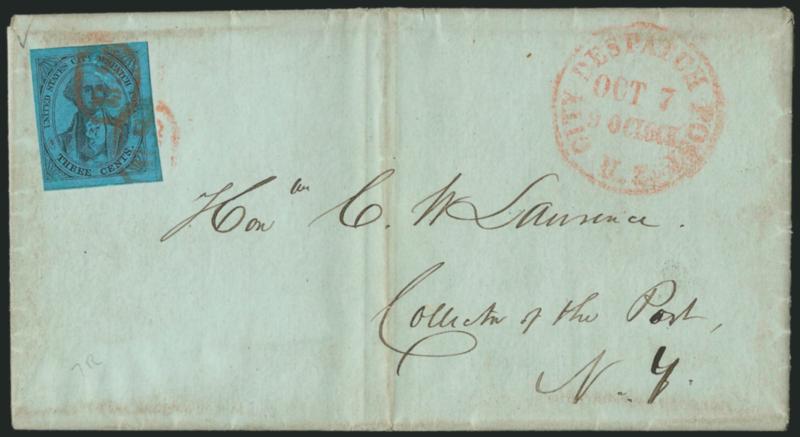 U.S. City Despatch Post, New York N.Y., 3c Black on Blue Glazed (6LB5b).> Large margins, tied by red U.S. in oval, matching U.S. City Despatch Post, Oct. 7, 9 OClock circular datestamp on light green folded
letter addressed to <<Collector of th