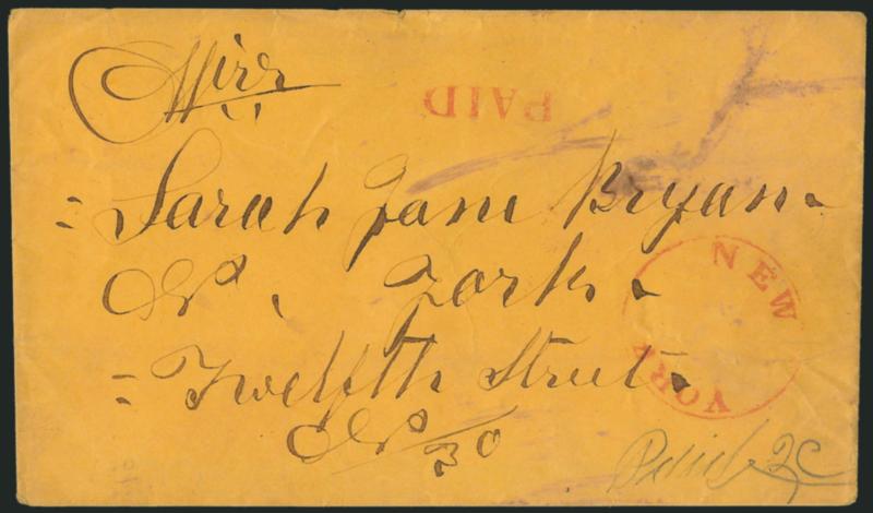 NEW YORK.> Carrier department red dateless circle and matching Paid straightline on buff cover to local street address, pencil Paid 2c for carrier fee, couple ink smears, Very Fine, scarce