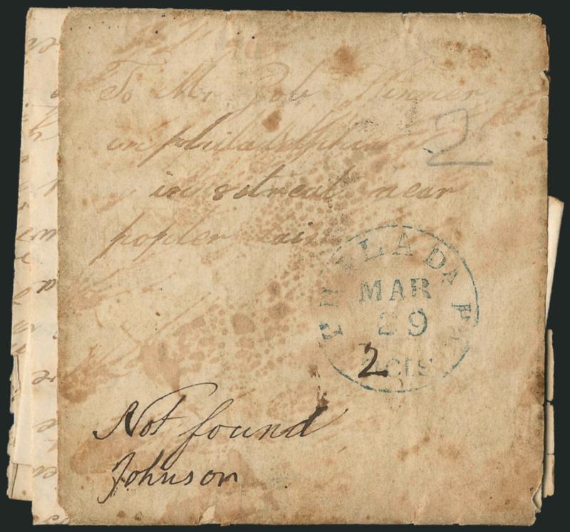 Not FoundJohnson.> Ms. endorsement applied by carrier John Johnson on Jan. 20, 1847 folded letter written from a Quaker farmer near Mount Pleasant O. to Philadelphia <<in street near poplar lain>>,
hand-carried and dropped at Philadelphia post o