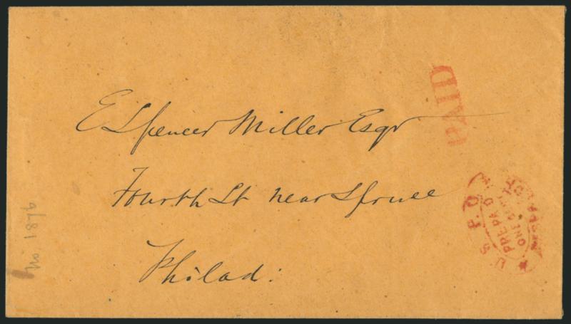 U.S.P.O. DespatchPre-PaidOne-Cent.> Red double-oval handstamp and matching Paid on cover to local addressee, Very Fine, with 1976 P.F. certificate