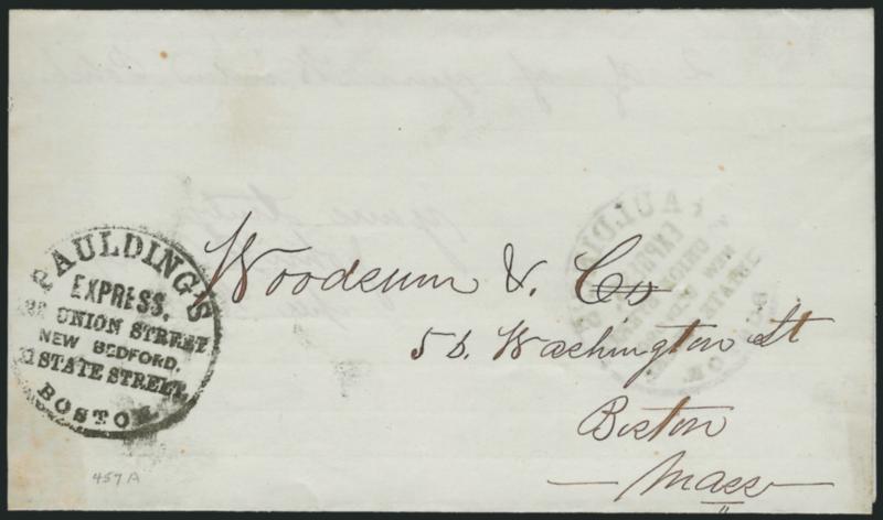 Spauldings Express, 22 Union Street, New Bedford, 11 State Street, Boston.> Bold circular handstamp struck on outside and inside of folded letter to Boston street address, printed letterhead of hardware,
stoves, agricultural goods and petroleum oil