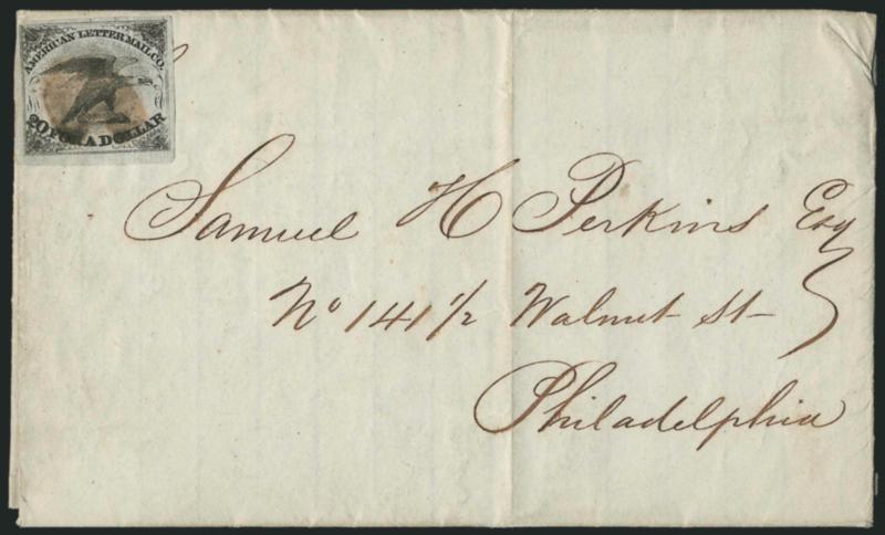 American Letter Mail Co., 5c Black (5L1).> Large margins to clear, cancelled by brush stroke on May 6, 1844 folded letter from New York to Philadelphia, stamp with tiny tear at top, Very Fine appearance, with
2002 P.F. certificate