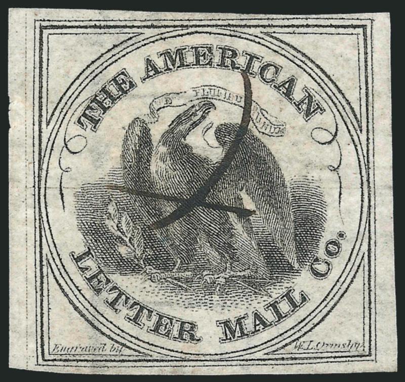 American Letter Mail Co., (5c) Black on Gray, Papermakers Watermark (5L2 var).> Two, one with letters SUP, large margins, ms. X cancel, tiny wrinkle, other with ES, ample margins to cut in, blue ms. X cancel,
very rare varieties that deserve