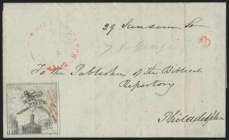 Philadelphia Despatch Post, Philadelphia Pa., (3c) Black on Grayish (15L3).> On stout paper with faint background lines, large even margins, uncancelled, on folded letter <from Brunswick Me., Jan. 2, 1844,> to
publisher of Biblical Repertory, street
