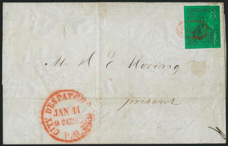 (Meads) City Despatch Post, New York N.Y., 2c Black on Green Glazed (40L2).> Large margins to full, tied by red Free octagonal handstamp on 1847 folded cover to local addressee, red City Despatch Post P.O.
Jan. 11 9 OClock circular datestamp, s
