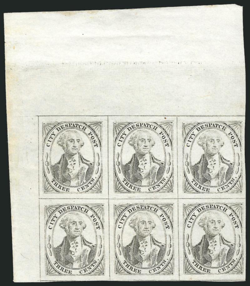 (Greigs) City Despatch Post, New York N.Y., 3c Black on Grayish (40L1).> Top left corner margin block of six with <stitch watermark>, original gum, <four stamps Mint N.H.,> Extremely Fine, a superb
corner-margin block of the first adhesive stamp iss