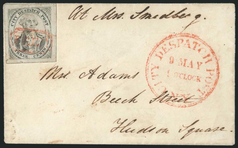 (Greigs) City Despatch Post, New York N.Y., 3c Black on Grayish (40L1).> Enormous margins all around, cancelled by red Free in frame, matching City Despatch Post N.Y. 9 May 1 OClock double-line circular
datestamp on small locally-addressed cove