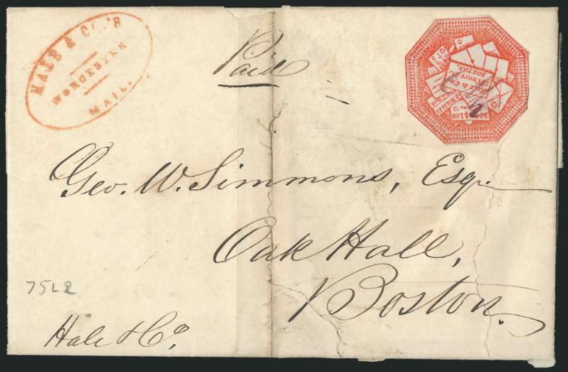 Hale & Co., (5c) Red on Bluish (75L2).> Cut to shape, ms. W cancel, red oval Hale & Co.s Worcester Mail. handstamp on folded letter datelined 12 Mo. 23 1845 to Boston, ms. <<Paid>> and <ale & Co.>>
endorsements, repaired cover tears do n