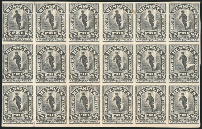 Husseys Post, New York N.Y., (unstated value), Gray Black Trial Color Plate Proof (87L73TC).> Block of 18, unused (no gum), large margins to clear, vertical crease at left mostly between stamps and ending in
small tear, one stamp thin spots, appears