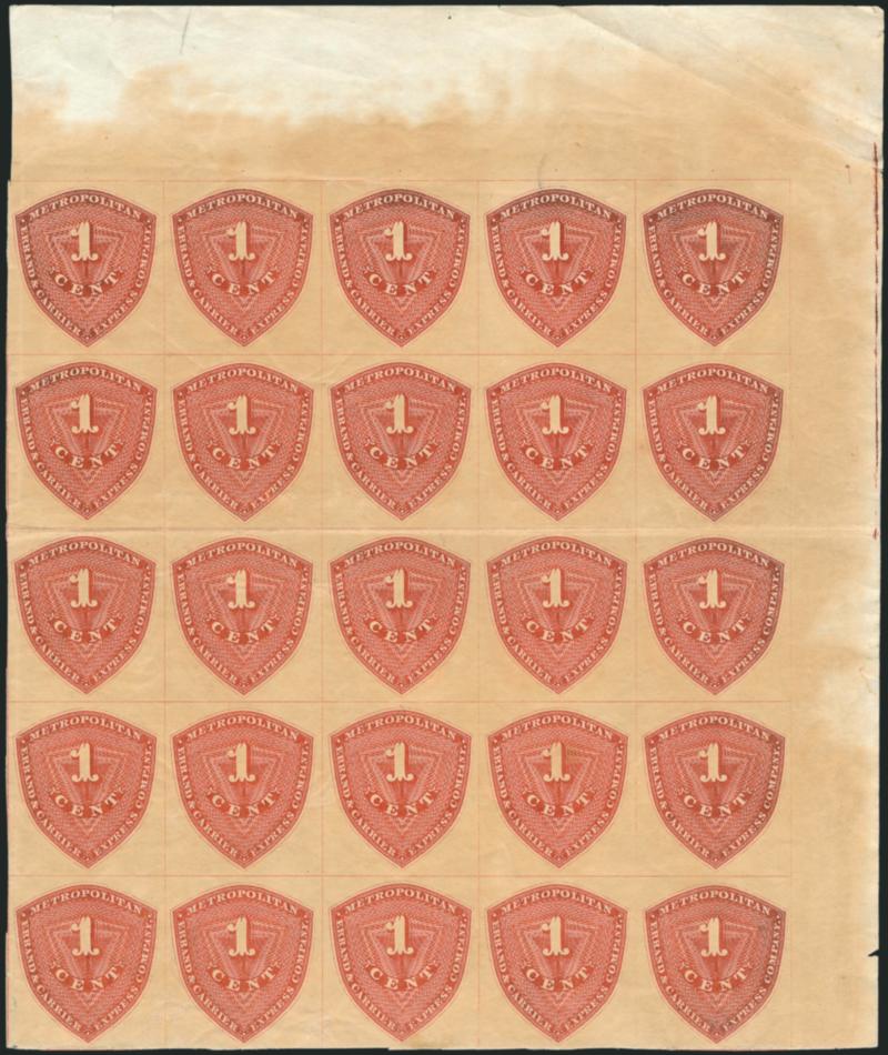 Metropolitan Errand and Carrier Express Co., New York N.Y., 1c Red Orange (107L1).> Block of 25 with sheet margin at top and right, original gum which causes some overall toning, few creases, otherwise Very
Fine, Scott Retail as blocks of four and si