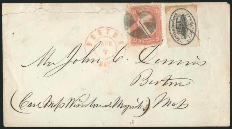 Princes Letter Dispatch, Portland Me., (unstated value) Black (122L1).> Large margins, tied by pencil stroke and <used with 3c Rose (65),> corner crease at top left, similarly cancelled and tied by quartered
cork, red Boston Mass. Apr. 7 double-ci