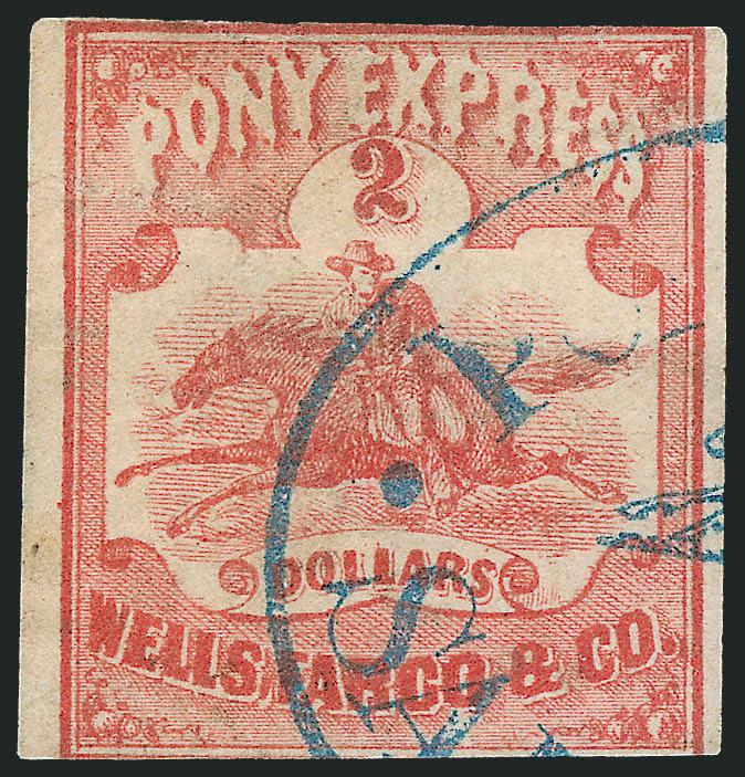 Wells, Fargo & Co. Pony Express, $2.00 Red (143L1).> Wide margins to just in, bright color, part of <blue San Francisco Running Pony> oval datestamp, light creases, appears Fine