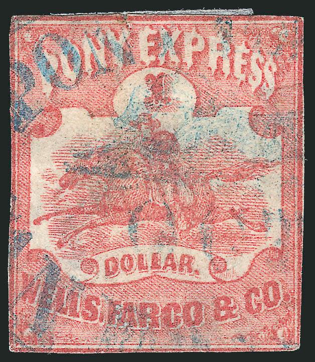 Wells, Fargo & Co. Pony Express, $1.00 Red (143L3).> Margins tight but with most of framelines present, part strike of <blue San Francisco Running Pony> oval datestamp, faults incl. thins and small tear, Fine
appearance