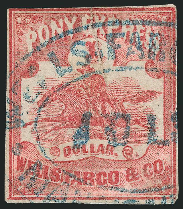 Wells, Fargo & Co. Pony Express, $1.00 Red (143L3).> Three singles, each with a different cancel, defective but first appears Very Fine, other two Good-Very Good appearance
