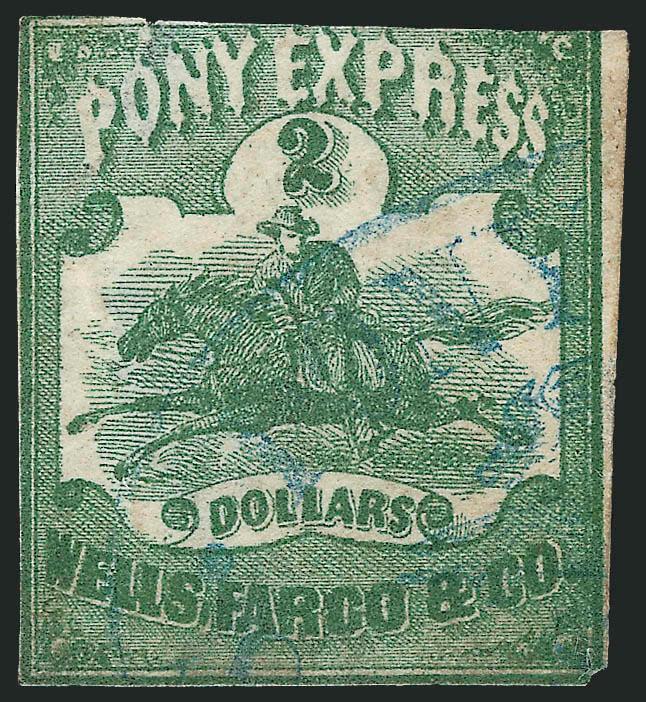 Wells, Fargo & Co. Pony Express, $2.00 Green (143L4).> Margins to cut in, light <blue San Francisco Running Pony> oval datestamp, defective with repairs, still a scarce stamp used