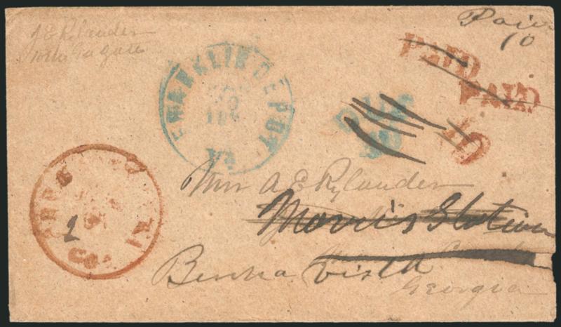 Buena Vista Ga.> Circular datestamp in <red> with illegible date, matching Paid handstamp struck twice and 10 struck once on cover to Buena Vista Ga., handstamp applied when <forwarded> to Morris Station Ga.
and then sent back to Buena Vista, cov