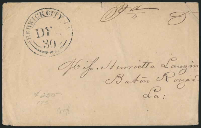 Berwick City La. Dec. 30.> Large circular datestamp with fleuron, ms. Pd. 5 on 1860 cover to Baton Rouge La., Very Fine Confederate usage