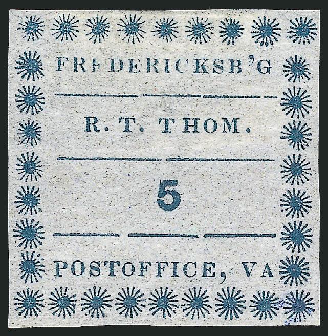 Fredericksburg Va., 5c Blue on Thin Bluish (26X1).> Original gum, large margins all around, incredibly fresh for this fragile paper issue, Extremely Fine, extraordinary condition
