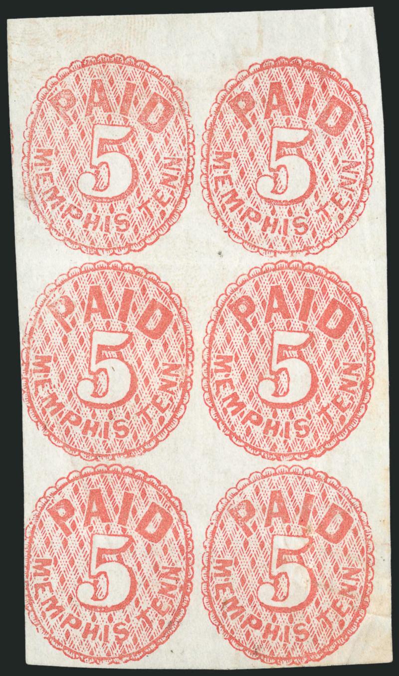 Memphis Tenn., 5c Red (56X2).> Positions 7-817-1827-28, vertical block of six, unused (no gum), large margins to just in incl. sheet margin at top, bright color, few faults incl. creases, appears Very Fine,
Scott Retail as block of four and pair