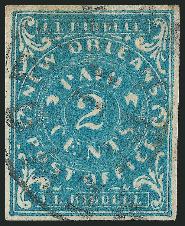 New Orleans La., 2c Blue, Red, 5c Brown, Yellow brown (62X1-62X3, 62X5).> Clear to huge margins, Nos. 62X2-62X3 unused (no gum), other two with New Orleans circular datestamps, Nos. 62X1 and 2 slight thins,
latter also tiny nick at top, otherwise Fin