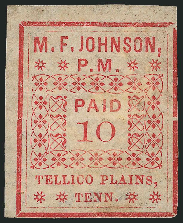 Tellico Plains Tenn., 10c Red (81X2).> Large part original gum, large margins to just touched, bright color, shallow thin at center<><>^FINE APPEARANCE. A RARE EXAMPLE OF THE 10-CENT TELLICO PLAINS POSTMASTERS
PROVISIONAL.^<><>This is extremely