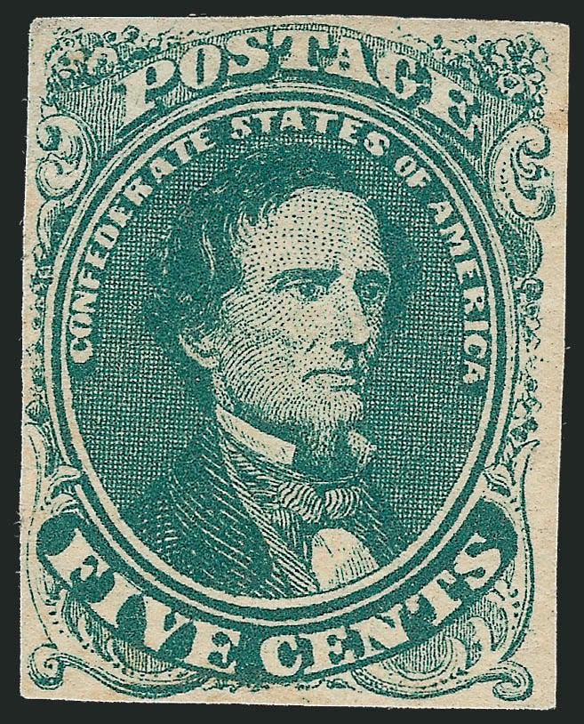5c Green, Plate Proof on Wove (1P5).> Large margins to clear, bright shade, tiny tear at upper right, small thin spot at top center, Very Fine appearance, an extremely rare proof, this is the first we have
offered since 1997 and the catalogue value h